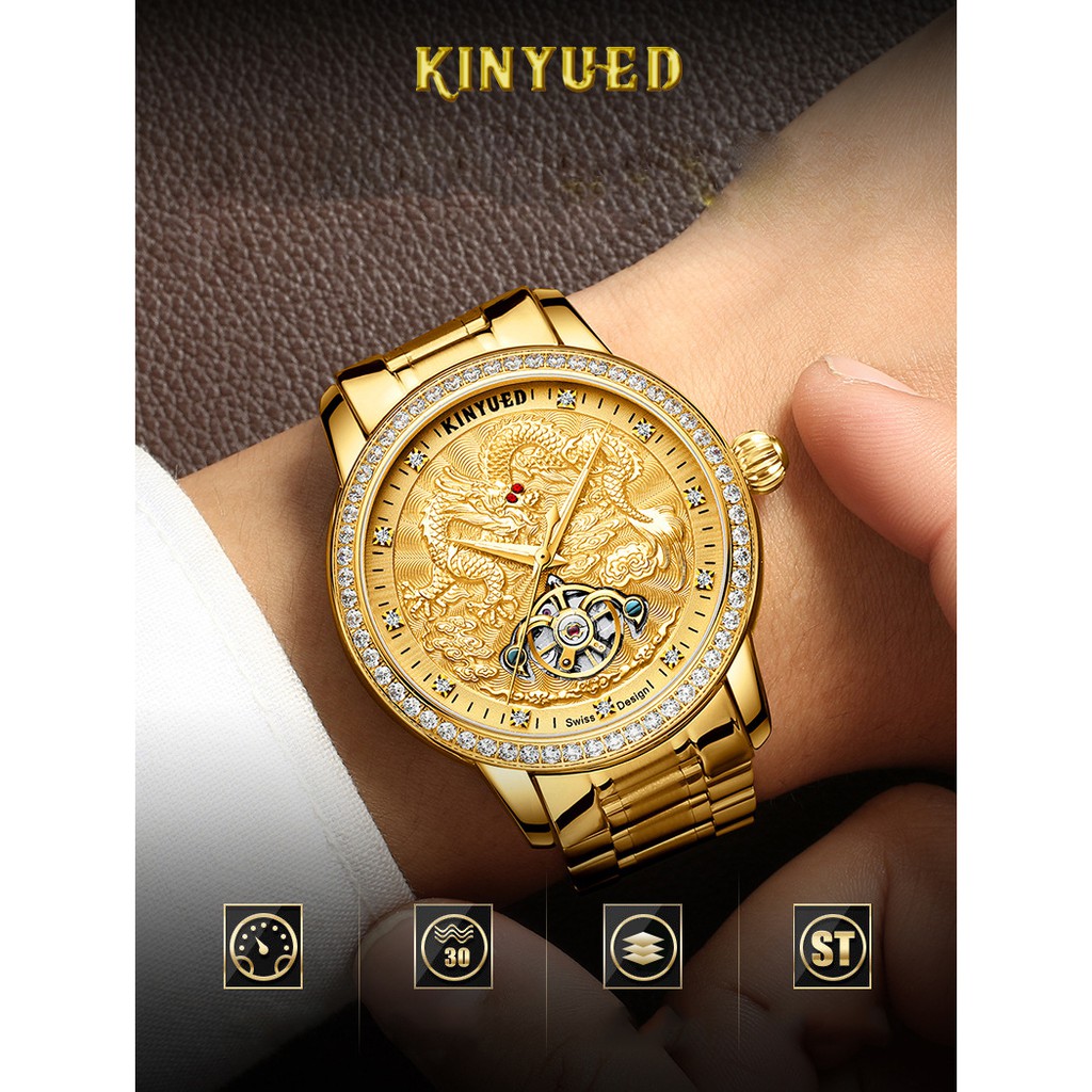 Đồng hồ nam Kinyued 1986 JYD-J061 Máy cơ viền đá mặt rồng nổi 3D