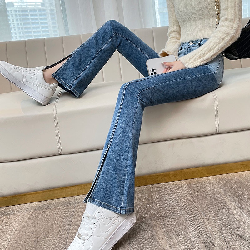 Quần Jean Lưng Cao Ống Loe Xẻ Tà Màu Gradient Thời Trang Mùa Thu