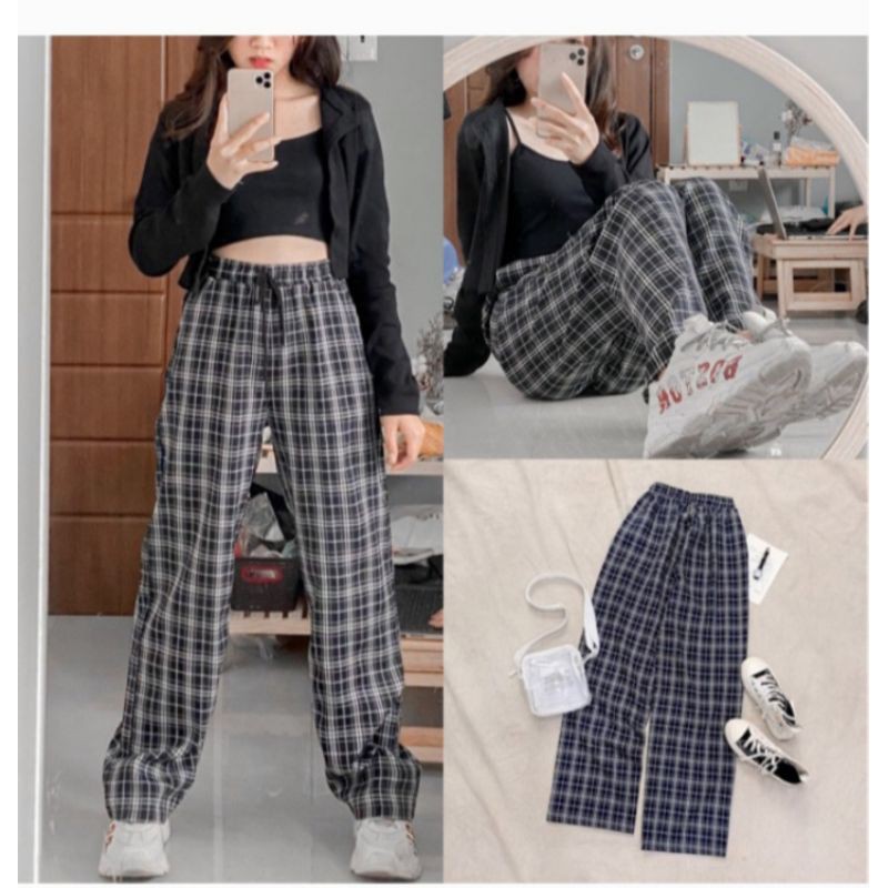 Quần kẻ nữ Caro lung cao dáng rộng ống xuông Ulzzang