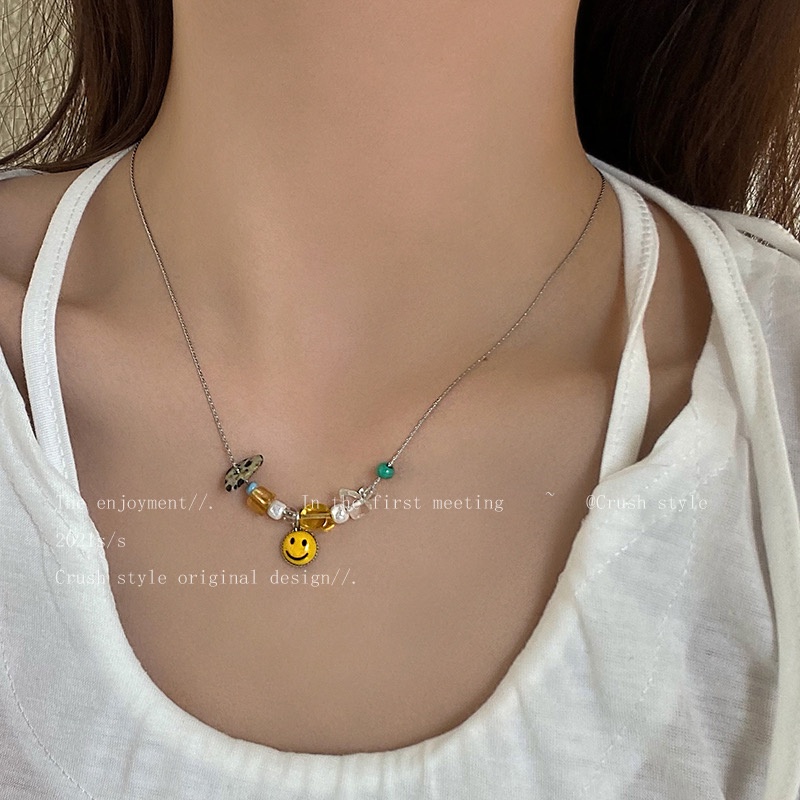 Dây chuyền hình mặt cười phối màu phong cách retro Hàn Quốc độc đáo
