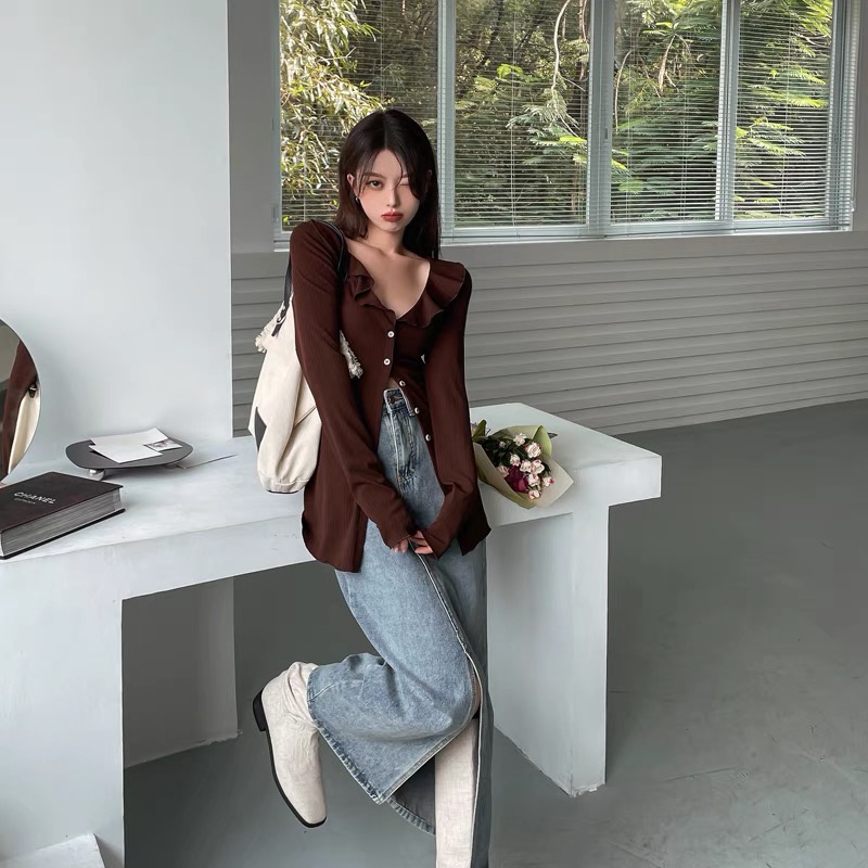 Áo sơ mi cổ V dáng dài áo thun body WANAWEAR phong cách retro cổ điển quyến rũ