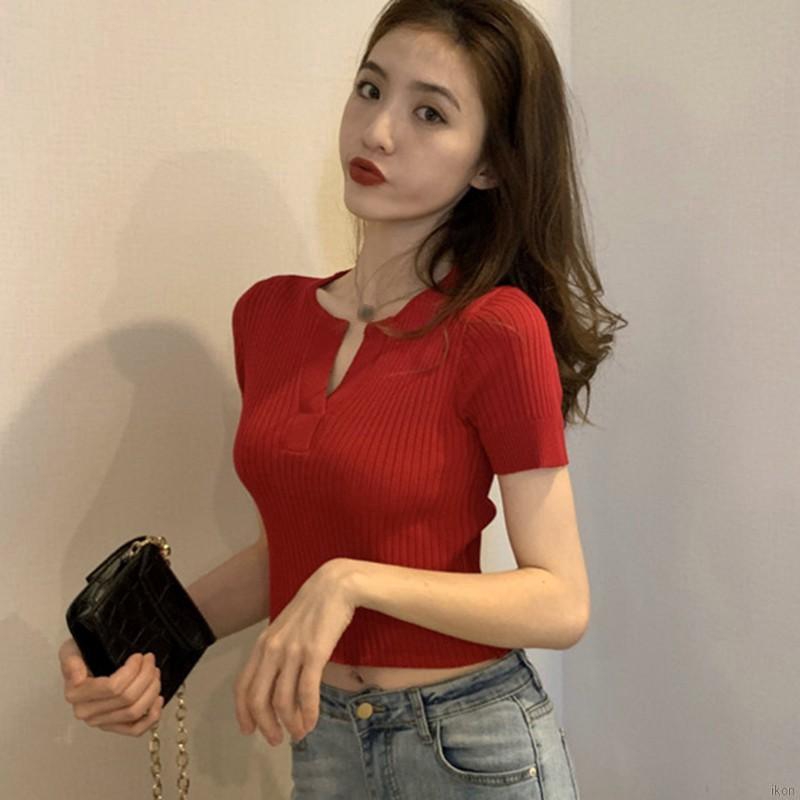 Áo Nữ Áo croptop dệt kim tay ngắn thiết kế cổ chữ V nữ tính