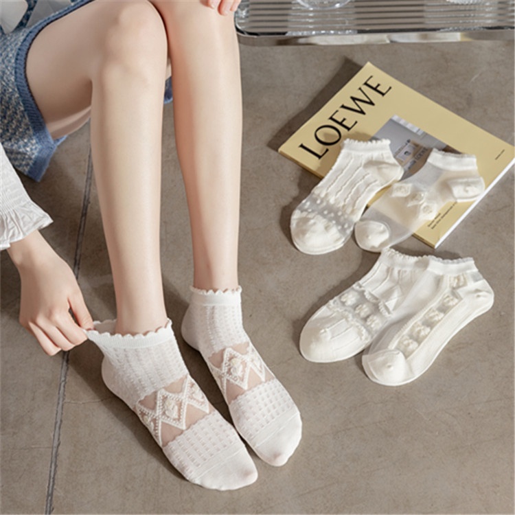[Màu Sắc Ngẫu Nhiên] Vớ Thuyền Dạng Ren Lưới Cổ Ngắn Vô Hình Thoáng Khí Thêu Hoa Dễ Thương Mùa Hè Cho Bé Gái