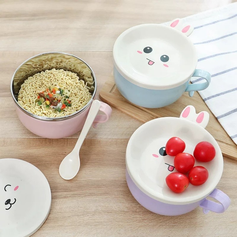 Bát ăn mì, bát úp mì tôm inox 2 lớp cách nhiệt hình thú dễ thương có nắp đậy