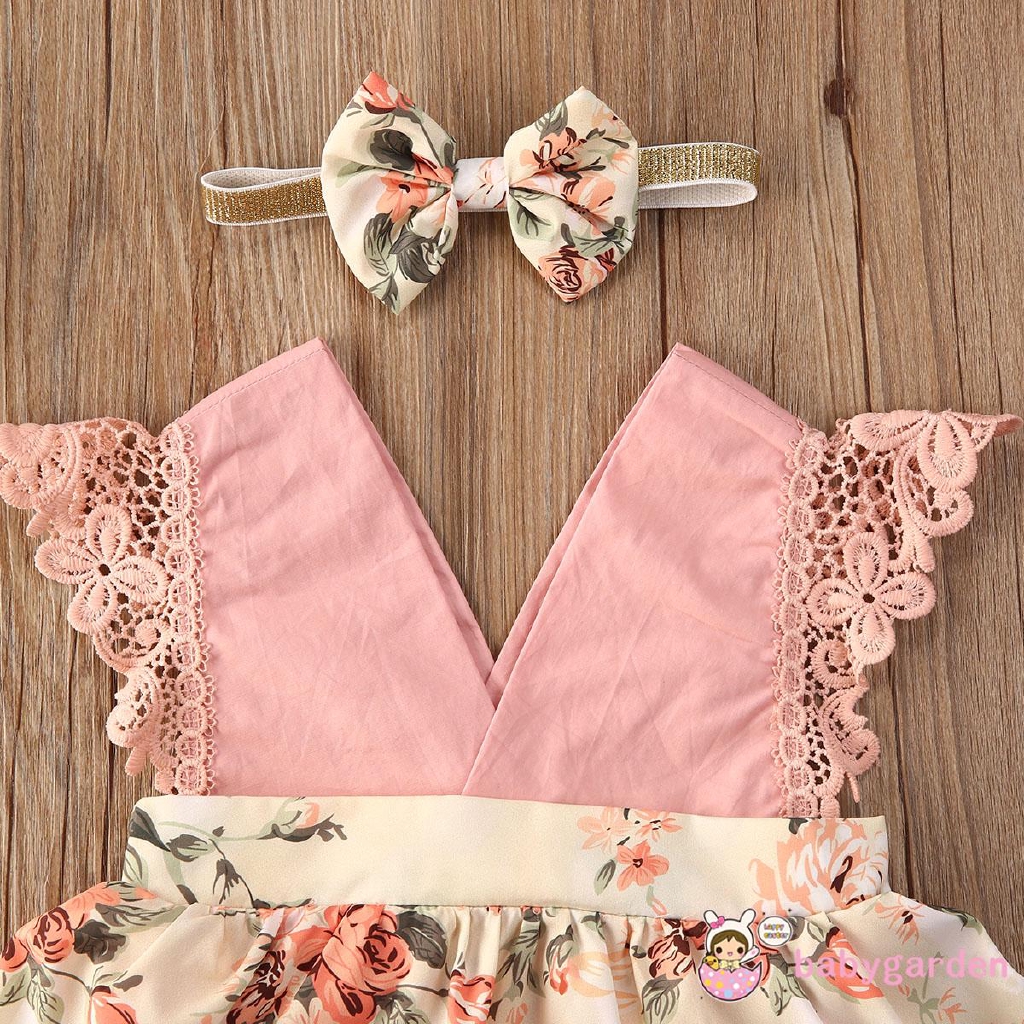 Jumpsuit Ren Hoa Tay Cánh Tiên + Băng Buộc Đầu Cho Bé Gái