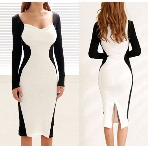 ☛☏❤Sexy Women Black White Splice Slim Bodycon Pencil Cocktail Evening Mini Dress