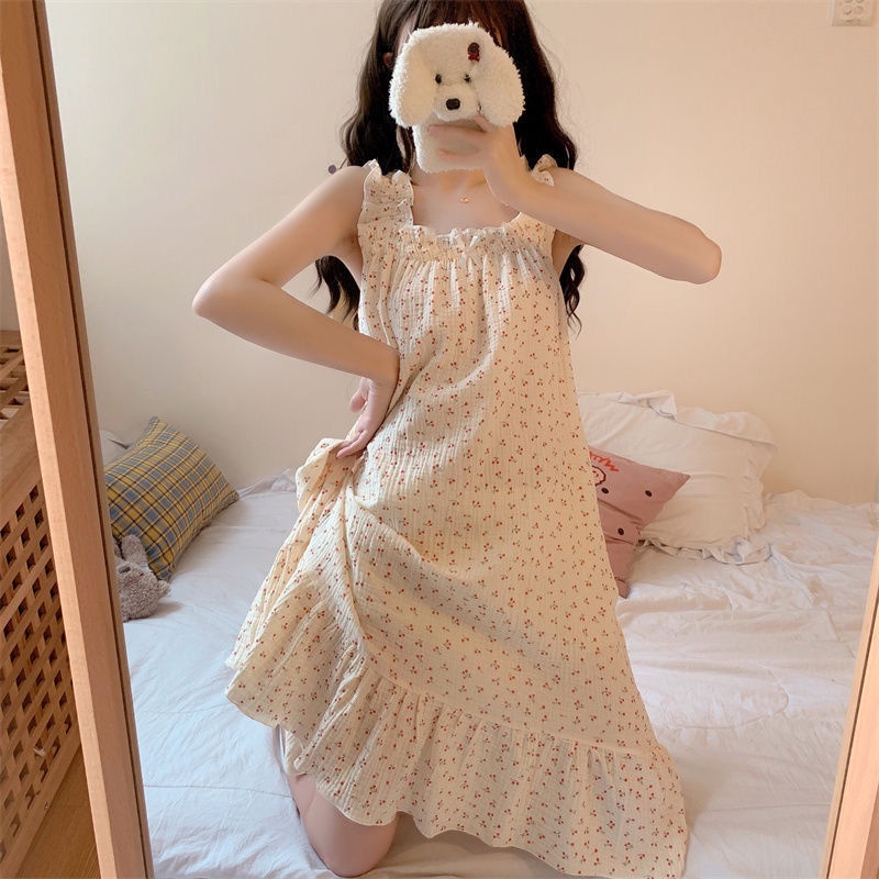 Đầm Ngủ Hai Dây Mỏng Dáng Rộng Phong Cách Pháp Dễ Thương Thời Trang Mùa Hè Cho Nữ