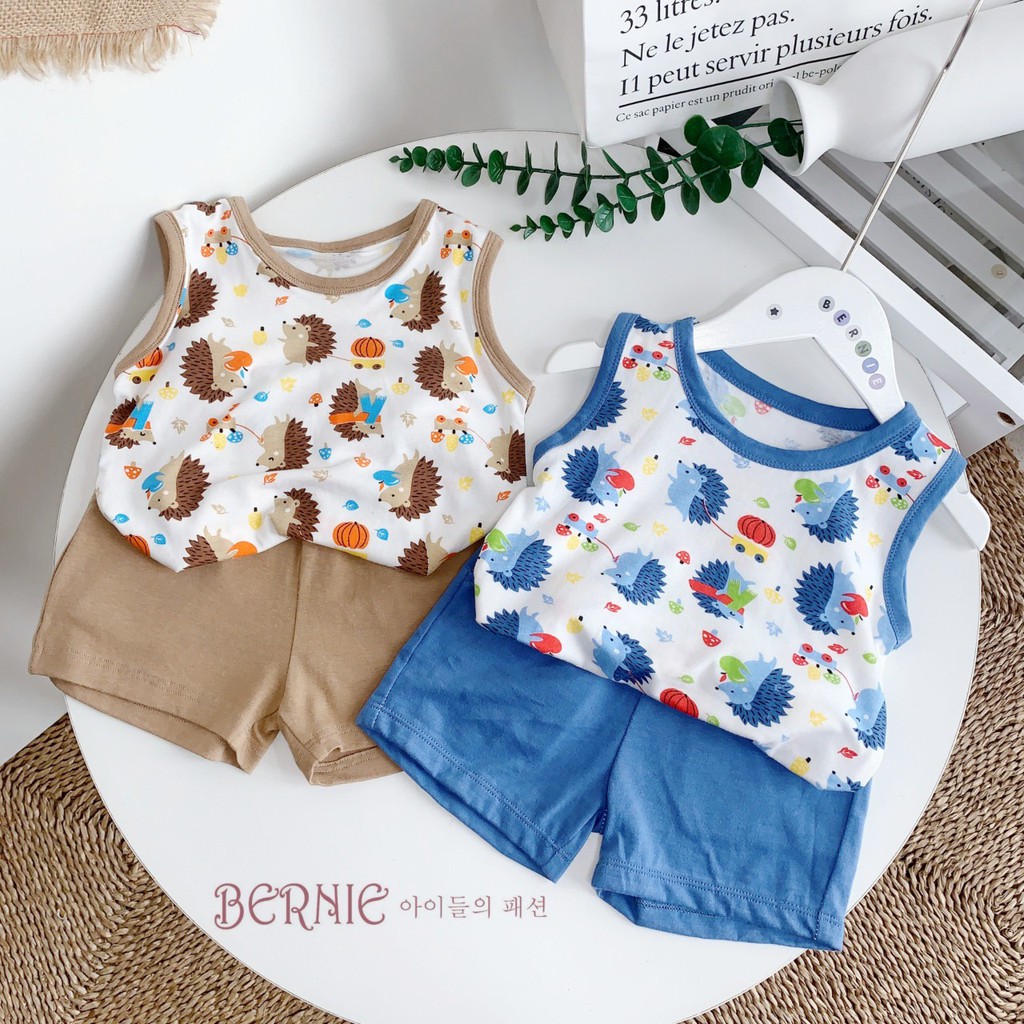 Bộ ba lỗ bé trai/ bé gái chất liệu áo cotton cao cấp kết hợp quần thô mềm mịn, set bộ ba lỗ hoạ tiết nhím sành điệu