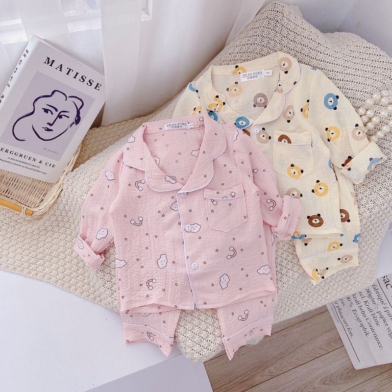 Bộ pijama vải đũi xốp quần dài cho bé trai bé gái bộ ngủ dài tay thu đông cho bé