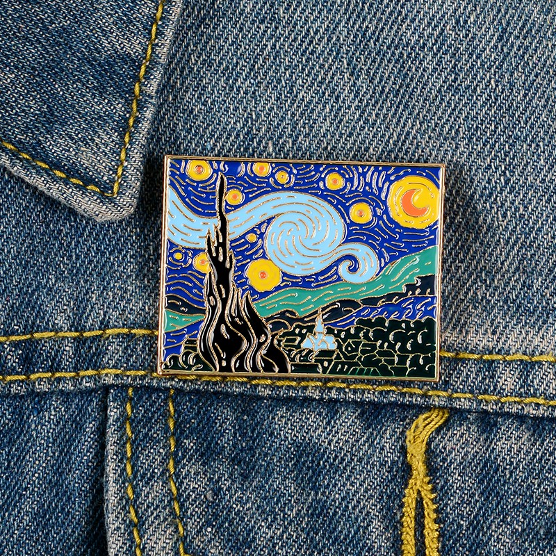 Fashion Vincent Van Gogh's Oil Painting Starry Night Enamel Pin Artist Badge Brooch