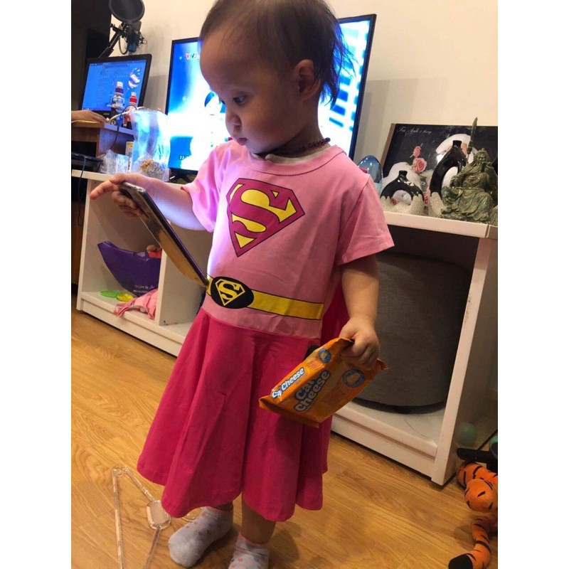 Váy bé gái siêu nhân cotton 100% co giãn 4 chiều thấm mồ hôi siêu tốt (tặng áo choàng) Herokids SUPERGIRL02