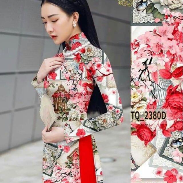 Áo dài truyền thống vải lụa hàn in hoa 3d+ quần lụa