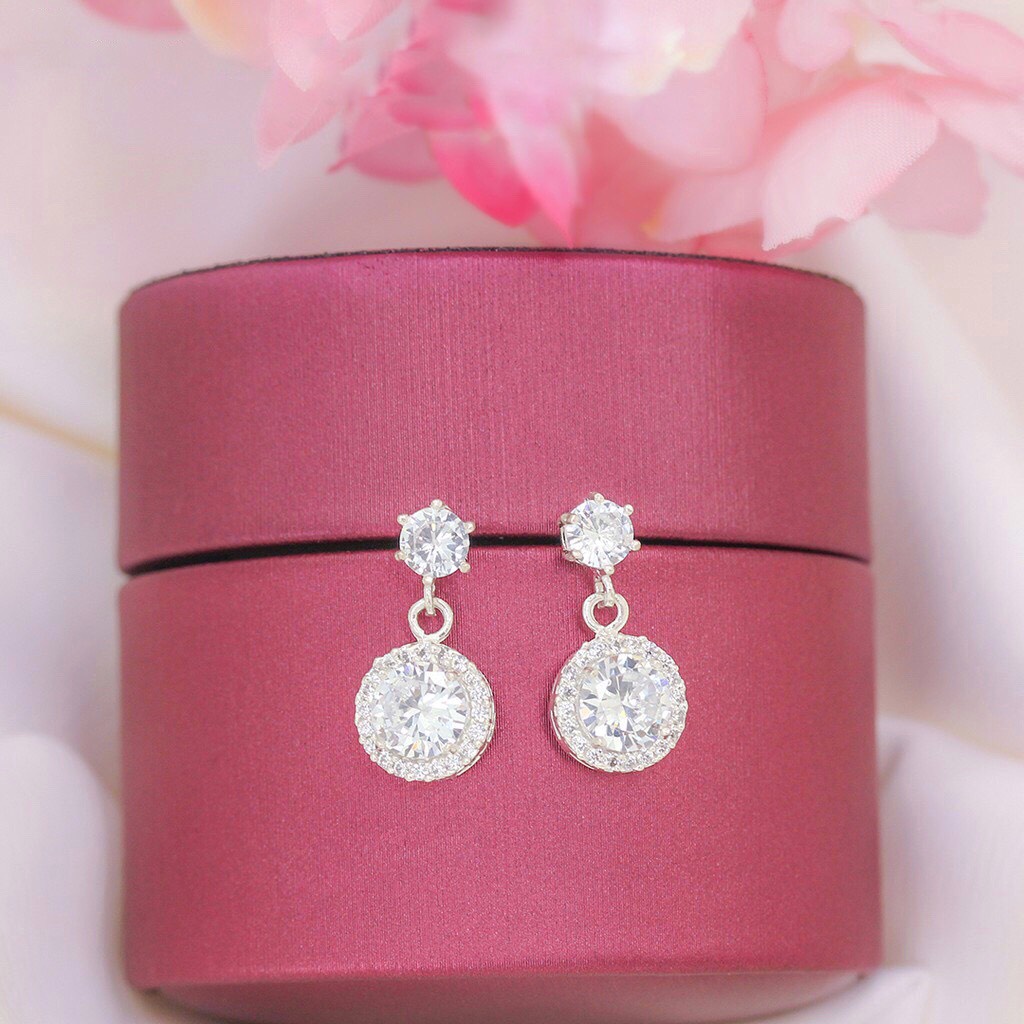 Khuyên Bạc Ta S925 Đính Đá Cao Cấp CaoBac Silver Ổ Đá Tròn Đá Rơi Phong Cách Dễ Thương, Đáng Yêu Cho Nữ