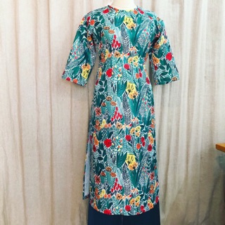 Áo dài họa tiết hoa lá may sẵn vải gấm Hàn Quốc