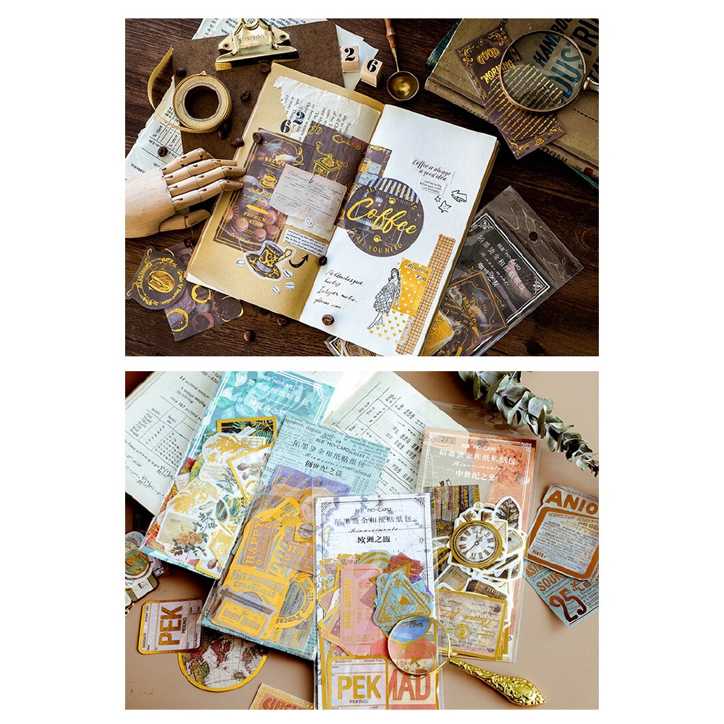 Set 60 miếng dán trang trí sổ tay / nhật ký diy màu vàng cổ điển