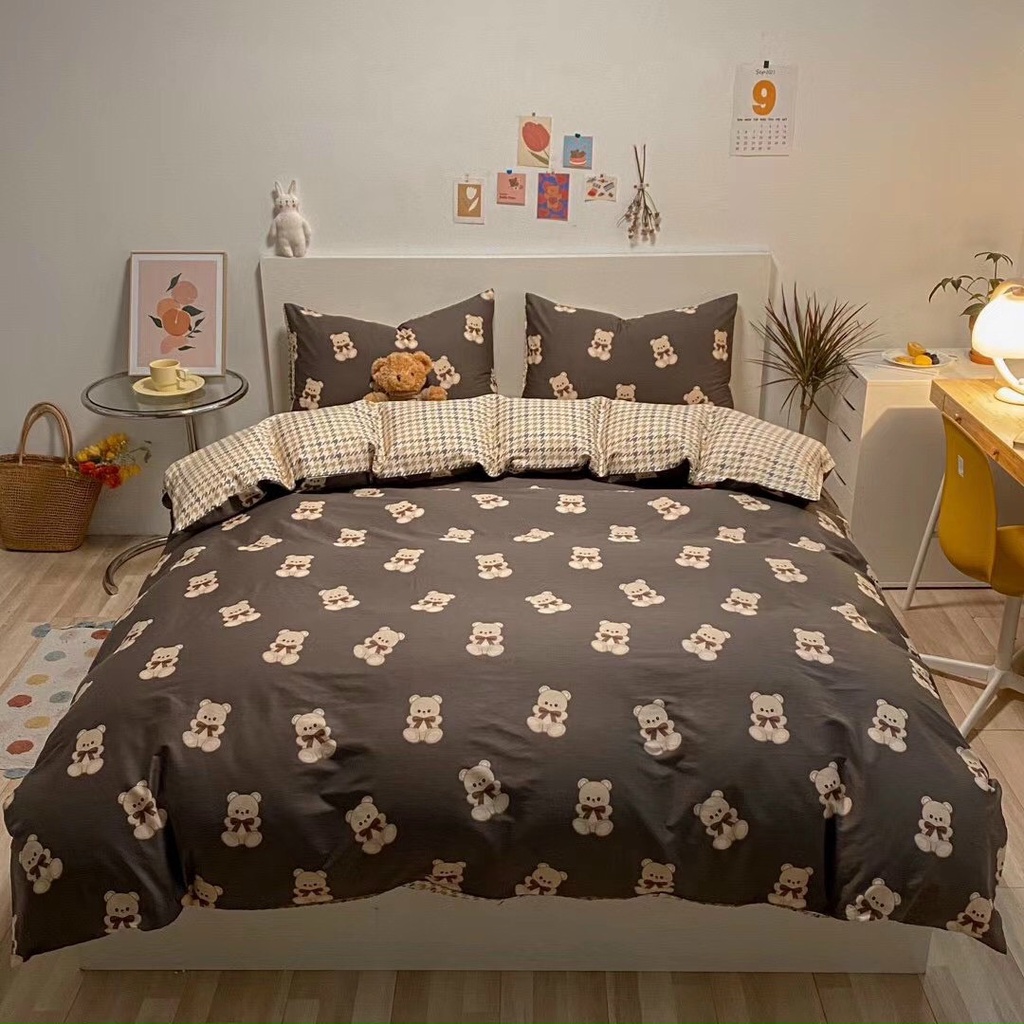 [Tặng vỏ gối ôm] Bộ 4 món chăn ga gối Cotton Living Chú gấu nhỏ nhập khẩu cao cấp