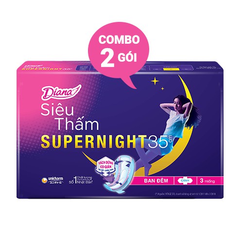 Bộ 2 gói băng vệ sinh Diana siêu thấm Supernight 35cm 3 miếng/gói