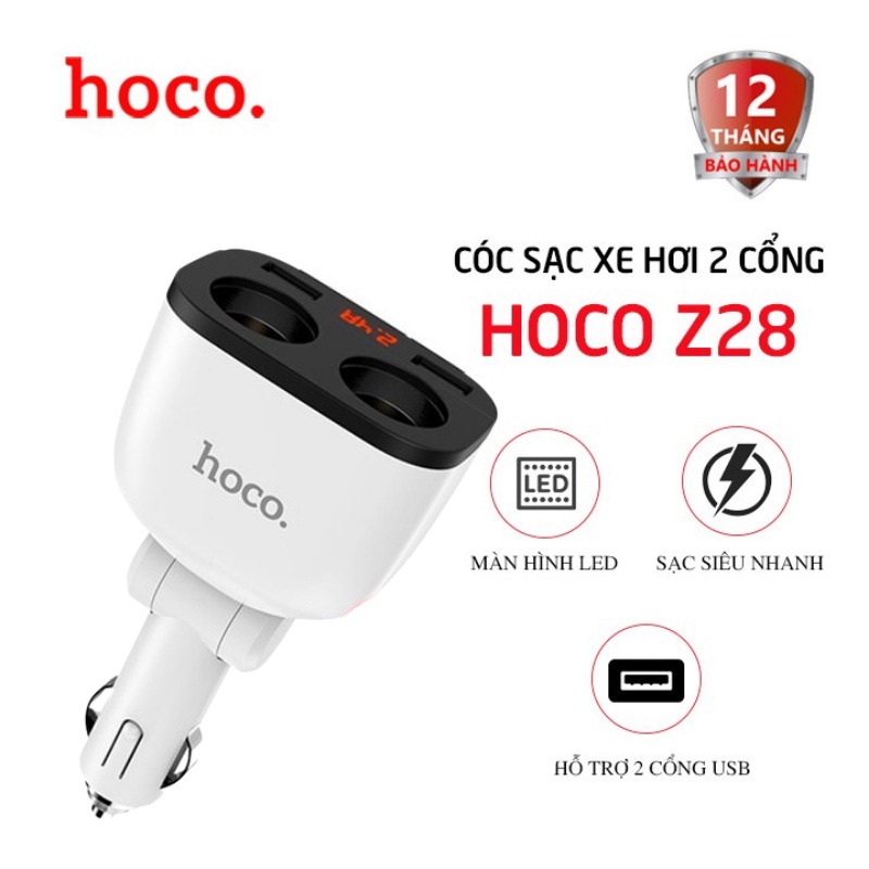 Cóc sạc nhanh Hoco Z28 trên xe hơi 2 cổng USB 2.4A màn hình LED