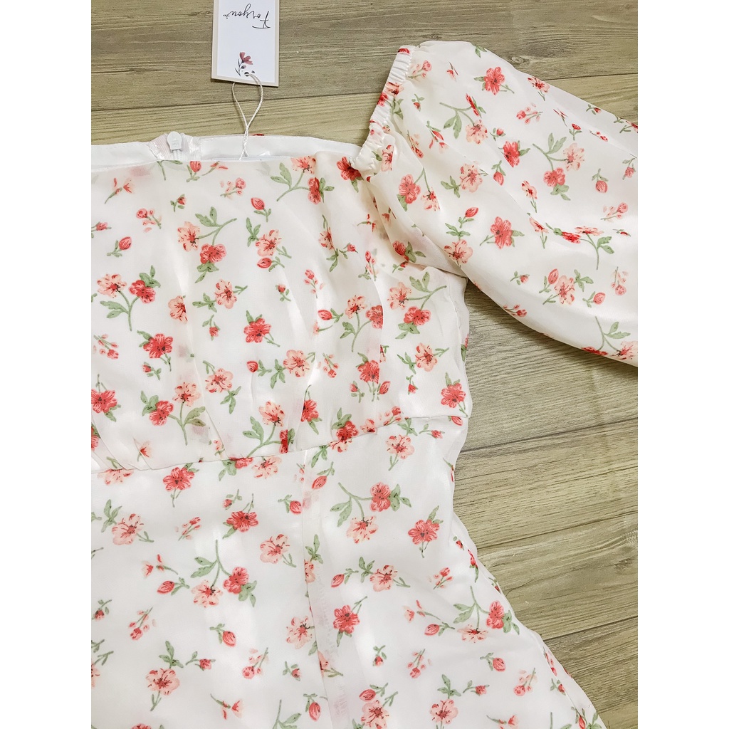 Váy voan hoa nhí hồng FORYOU đầm cổ vuông tay bồng có đai eo siêu xinh - Rosy Dress