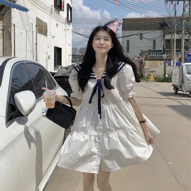 IELGY Đầm Dáng Rộng Màu Trắng Cà Vạt Màu Xanh Navy Thời Trang Cho Nữ