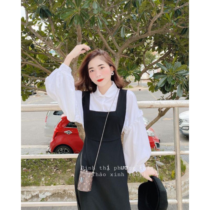 Set yếm đen áo sơ mi cổ sen tay bồng bèo ullzang sẵn