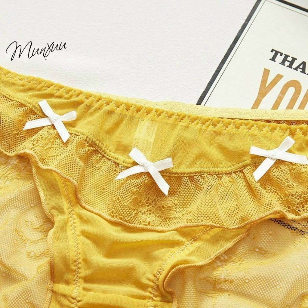 Quần lót nữ ren hoa nhí MUNXUU thiết kế đính nơ, chất ren mềm mại xuyên thấu thông thoáng - QC70