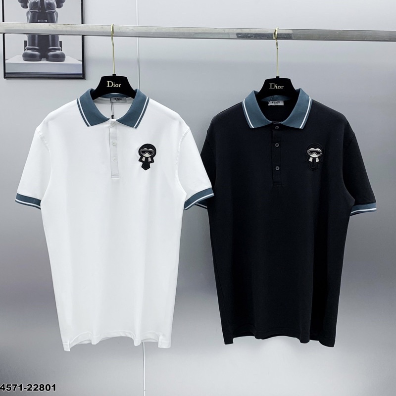 Áo polo nam nữ FD chất cotton 100% thêu logo búp bê mặt nạ karl ngực phối bo tay cổ xanh kẻ trắng cao cấp PL05P