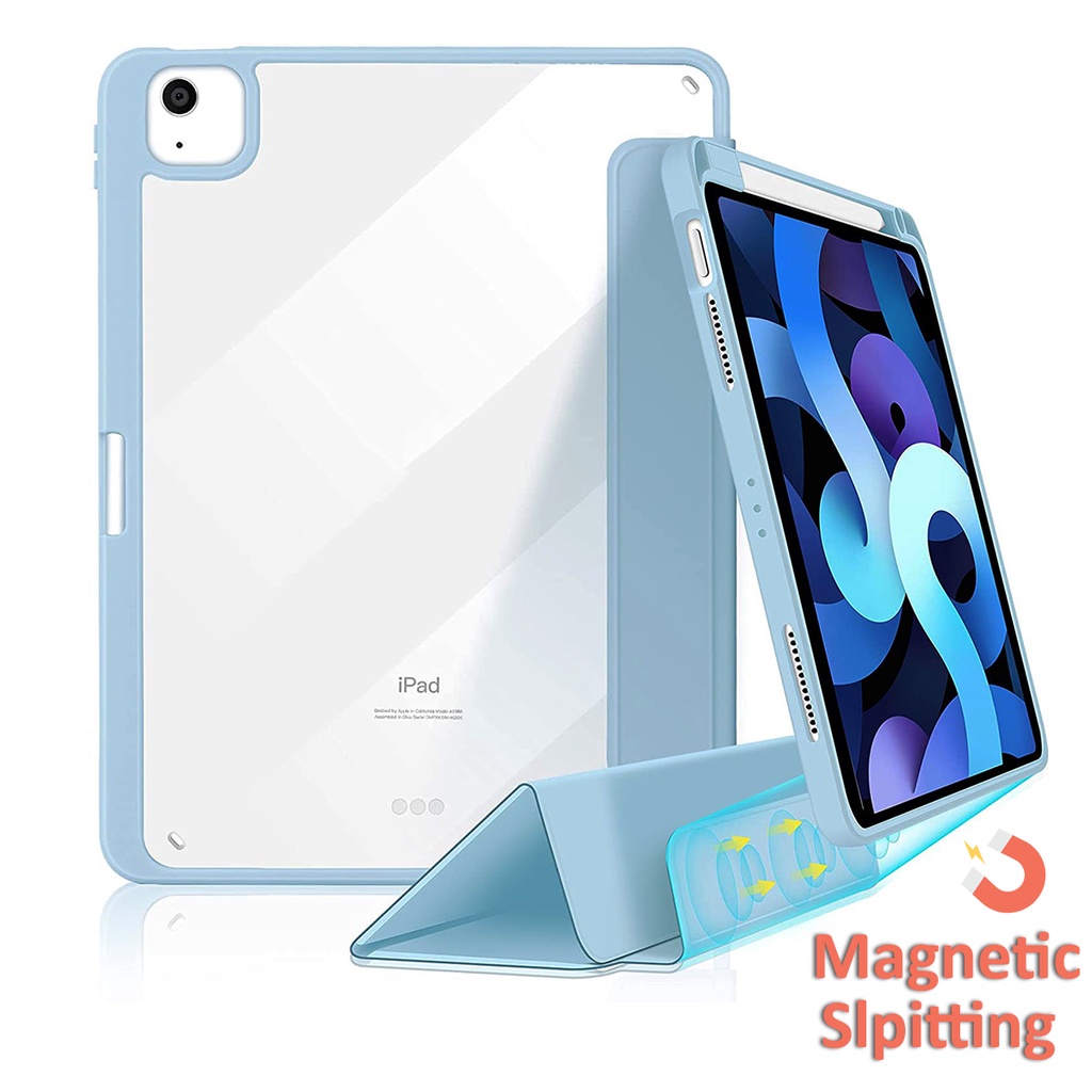 Vỏ có thể tháo rời cho Air5/4/3 Pro 11/12.9 7/8/9th Gen 10.2 inch với Giá đỡ bút chì, Ốp lưng trong suốt trong suốt. Nắp trước có thể tháo rời từ tính ba lần