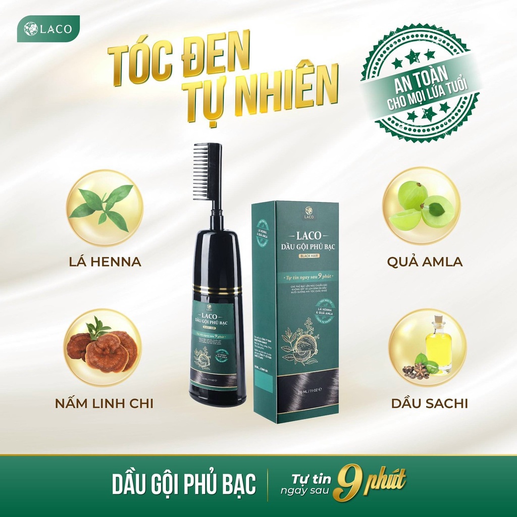 Dầu gội phủ bạc Laco, Dầu gội nhuộm tóc thảo dược an toàn tại nhà, tóc đen sau 9 phút