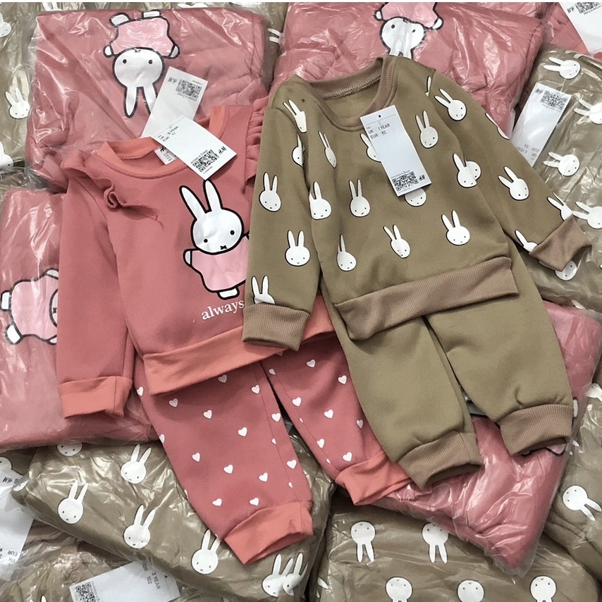 Bộ dài tay thu đông cho bé - Set 2 bộ nỉ bông thỏ Hm cho bé gái bé trai size 1-6t