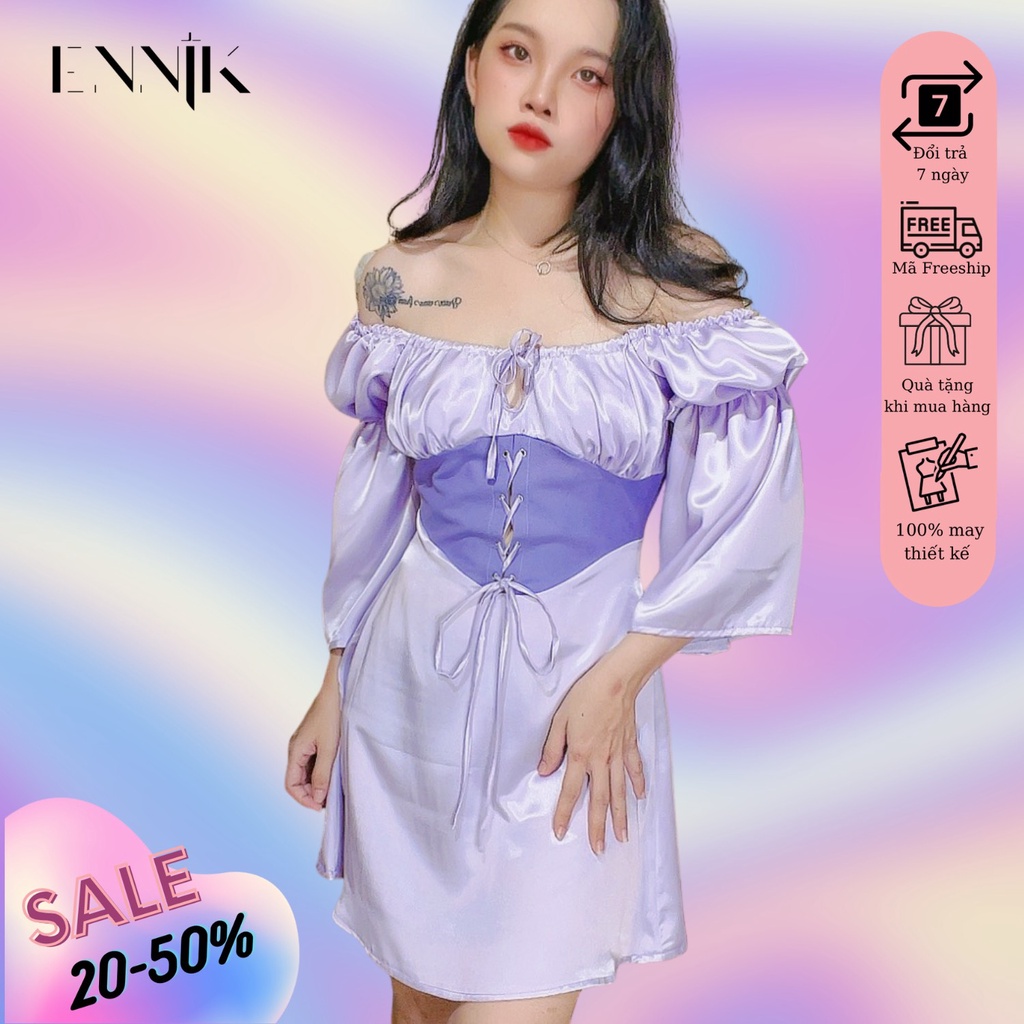 Đầm corset nữ hở vai công chúa tay dài lụa hồng tím Ennik