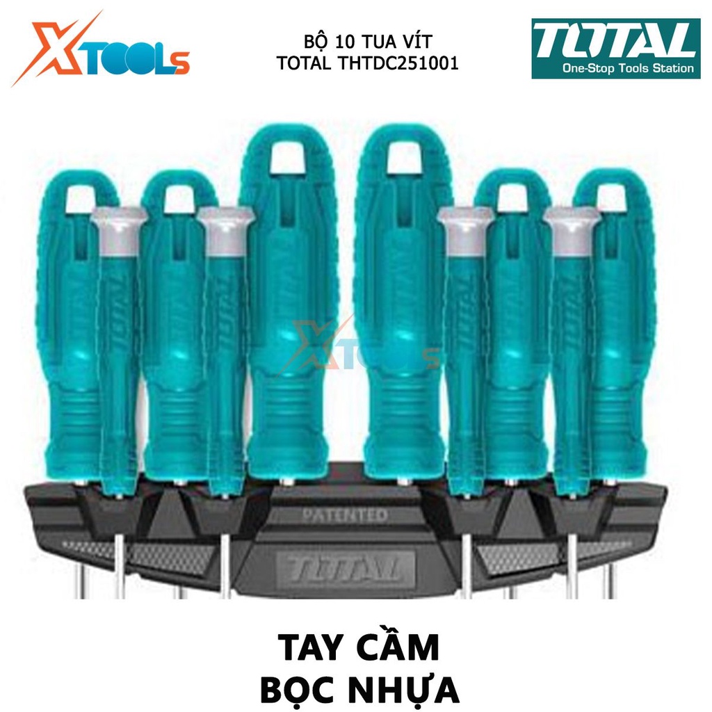 Bộ tuốc nơ vít đa năng 10 chi tiết TOTAL THTDC251001 | Bộ 10 tua vít dẹp, bake, sao và tua vít chuẩn,chất liệu thép CR-V