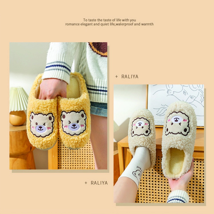 Dép bông đi trong nhà mùa đông, dép lông unisex đế cao su bám sàn tốt, mềm dẻo quai hình gấu lông xù cực cute TDO
