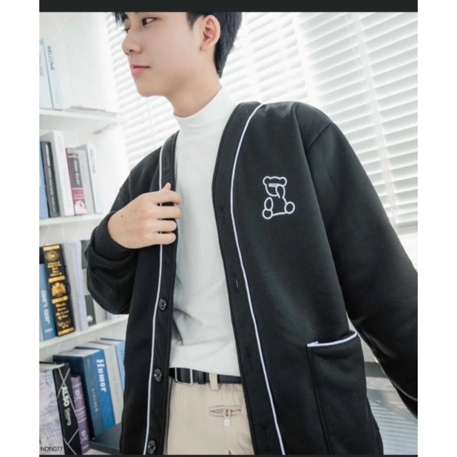 Áo cardigan unisex chất nỉ ngoại phối viền in gấu, mẫu áo khoác cài cúc form rộng kèm video