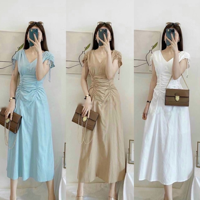 Đầm maxi cổ V vintage 3 màu