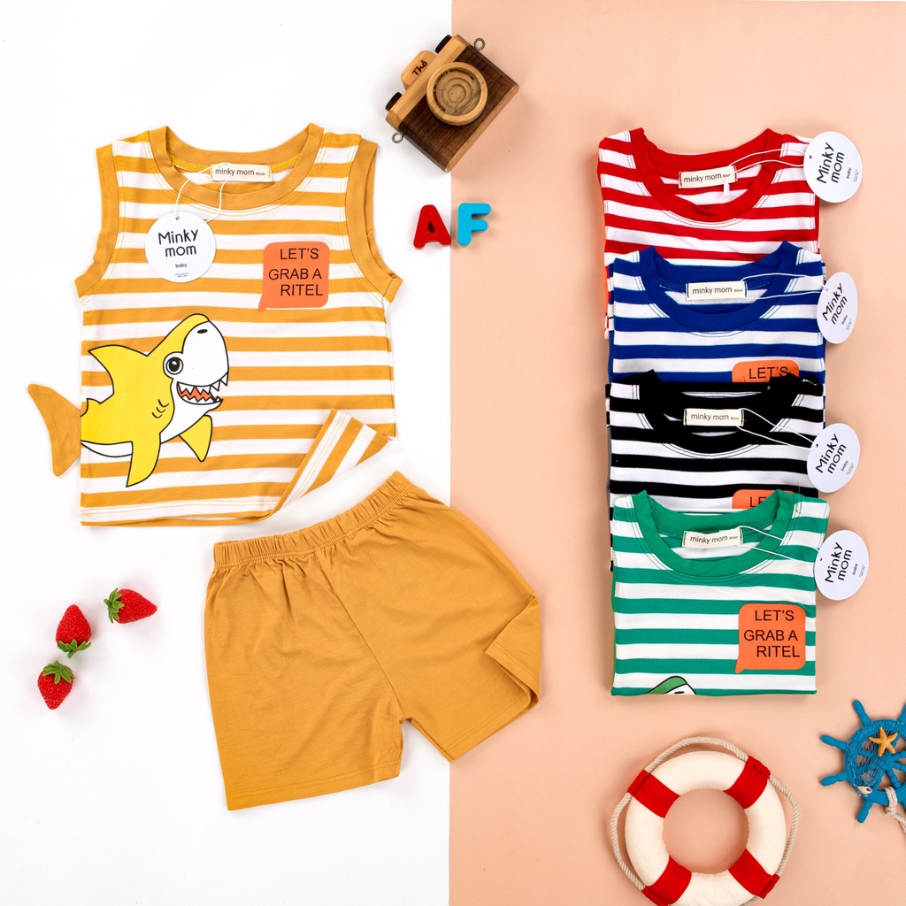 Bộ ba lỗ sọc cá mập cộc tay ATKID cho bé trai bé gái chất liệu cotton thoáng mát