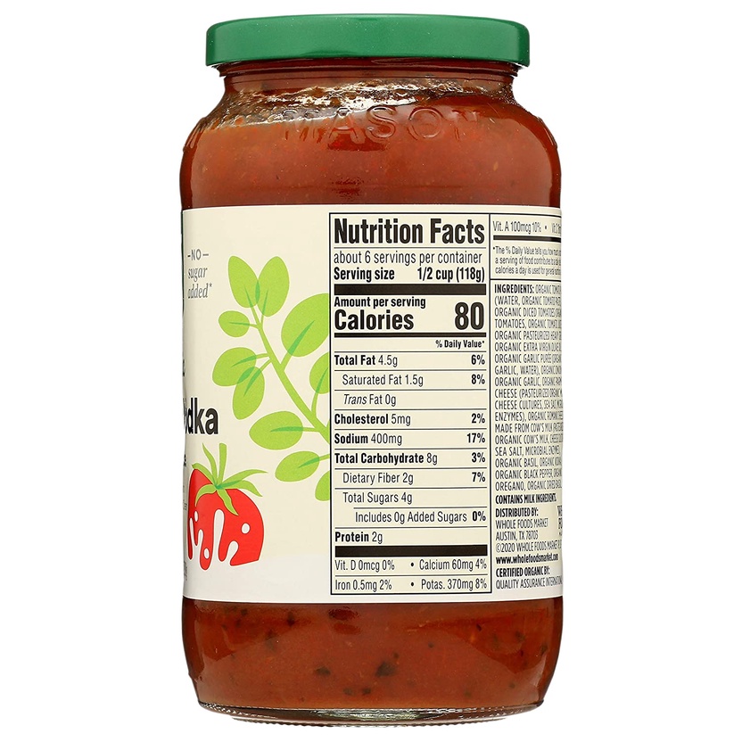 SỐT PASTA/MÌ Ý KEM VODKA HỮU CƠ 365 by Whole Foods Market, Sauce Pasta Creamy Vốt-ka, USDA Organic, 709g (25 oz)