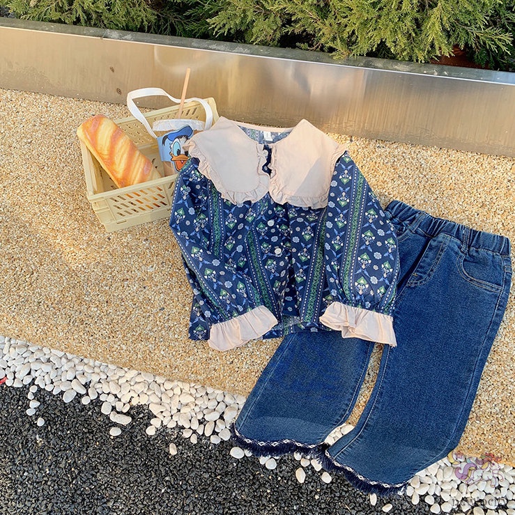 Bộ Áo Sơ Mi Hoa + Quần Jeans Ống Loe Thời Trang Hàn Quốc Cho Bé Gái