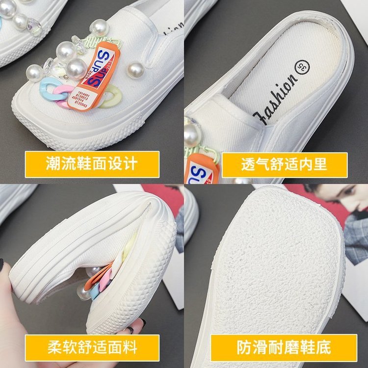 Dép Vải Canvas Đế Bằng Đính Ngọc Trai Dễ Thương | BigBuy360 - bigbuy360.vn