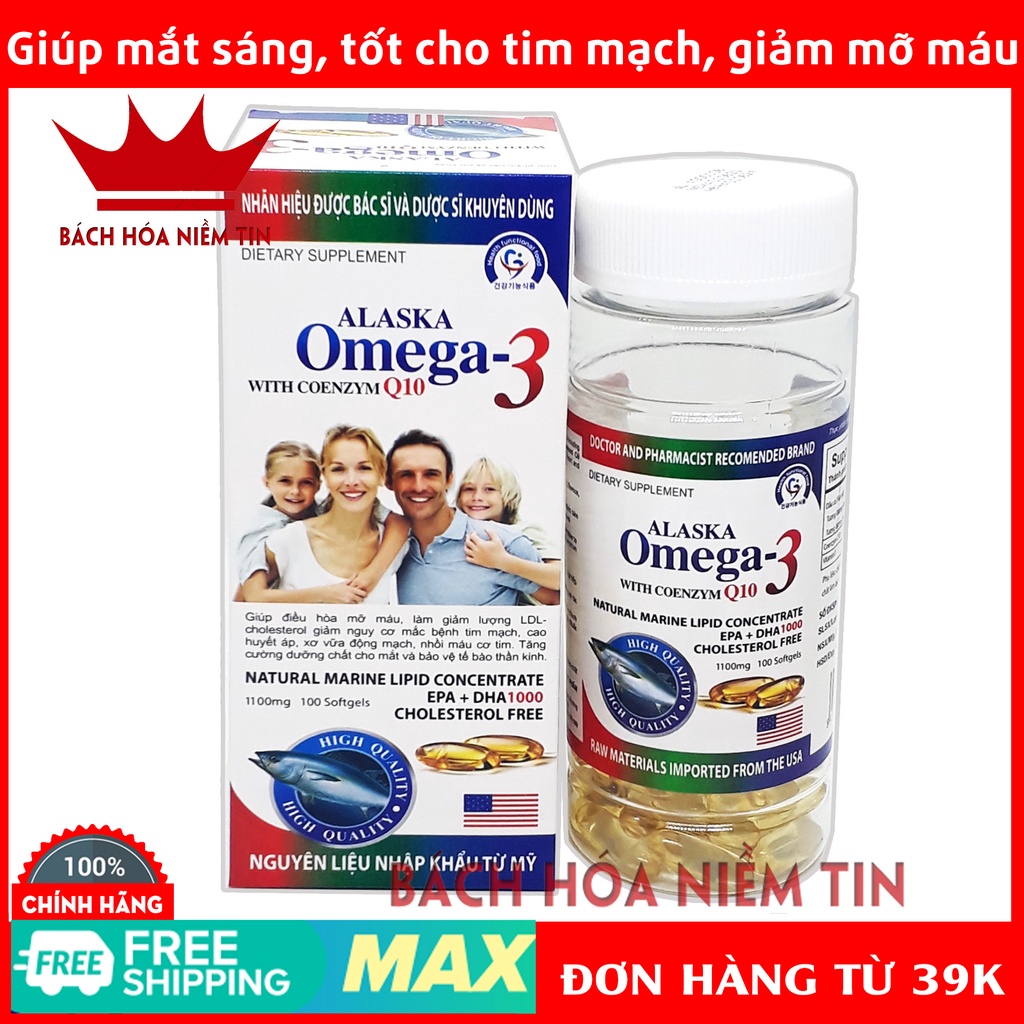 Viên uống dầu cá OMEGA 3 Alaska - sáng mắt bổ não khỏe tim - Hộp 100 viên chuẩn GMP của bộ Y tế