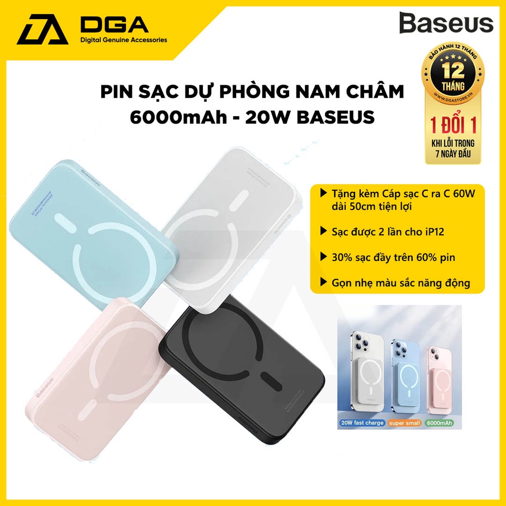 Pin Sạc Dự Phòng Không Dây Nam Châm 6000mAh 20W Baseus Magnetic Wireless (Kèm cáp 50cm Baseus Type C ra Type C)