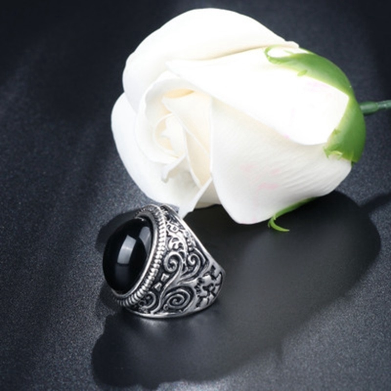 Nhẫn Bạc 925 Đính Đá Mặt Trăng Đen Tự Nhiên Phong Cách Boho Cổ Điển Kích Thước 7-10