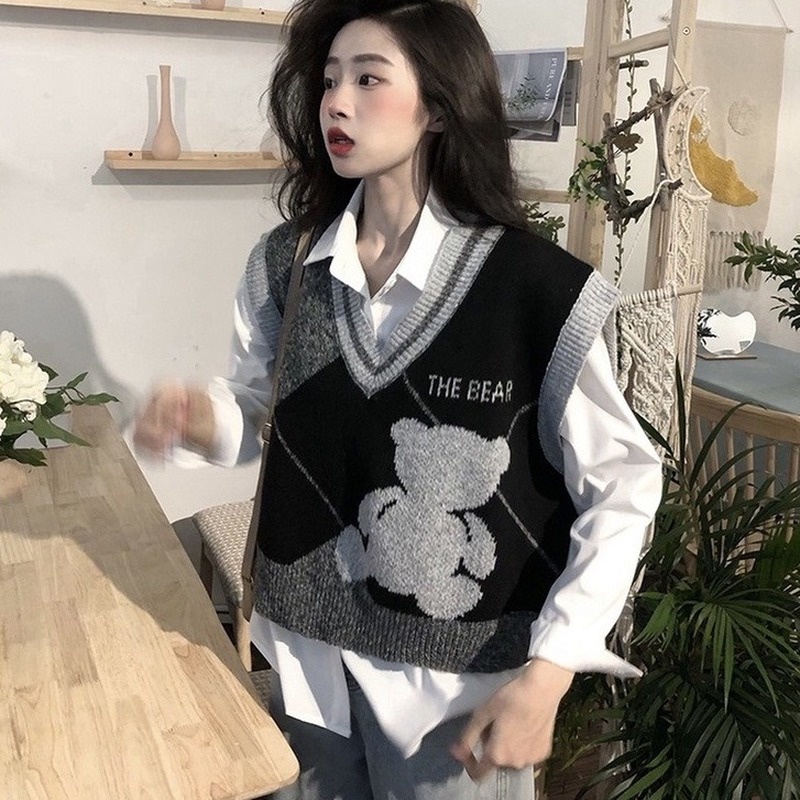 Áo dệt kim không tay cổ chữ V phong cách Hàn Quốc thời trang thu đông cho nữ 210925 | WebRaoVat - webraovat.net.vn