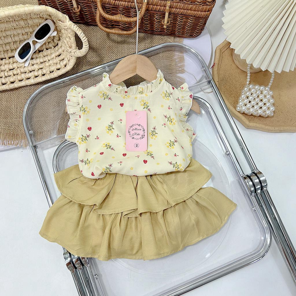 Bộ đồ bé gái cổ nhún bèo tay hến kết hợp chân váy bèo 2 tầng cho bé từ 8-20kg