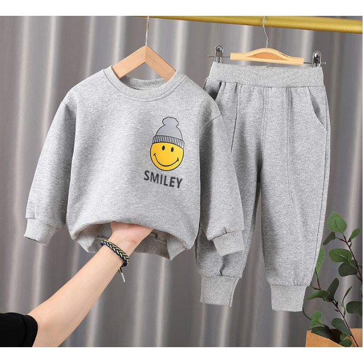 (Quảng Châu-Hàng Mới Về) Bộ quần áo nỉ thu đông SMILEY Cá Tính Hàng Đẹp cho bé từ 3-8 tuổi (9-26kg) Chất da cá.(MB.Q043)
