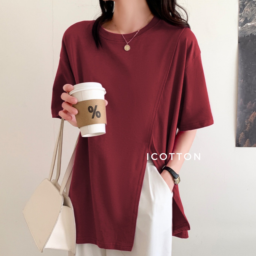 Áo thun nữ ICOTTON áo phông tay lỡ phom rộng xẻ tà 100%cotton kiểu dáng mặc hè mát