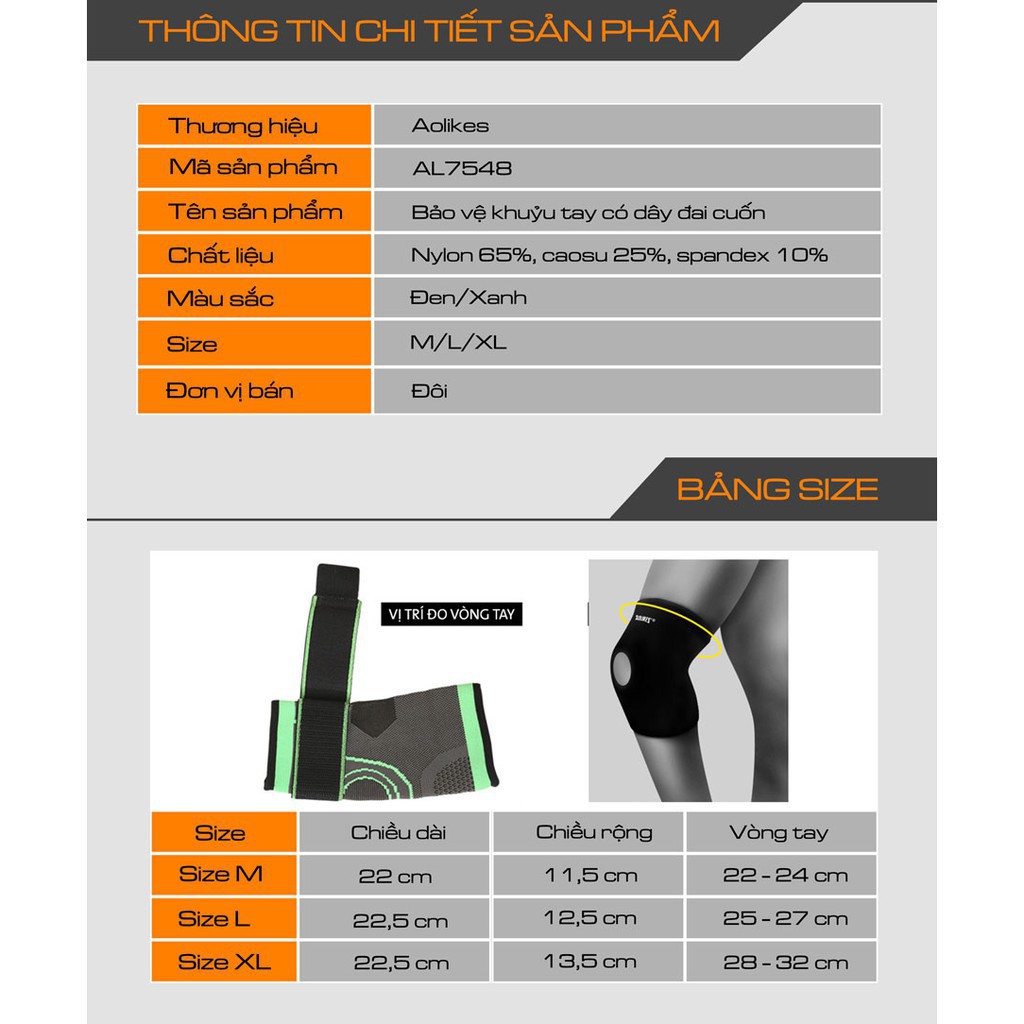 (BÁN SỈ) Đai Quấn, Bó Ống Quấn Bảo Vệ Khuỷu Tay Co Dãn 4 Chiều AOLIKES AL 7548 (1 chiếc) |Phụ Kiện Gym