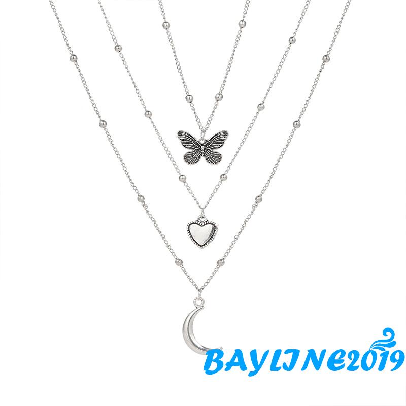 Bộ 3 Vòng cổ hợp kim mặt hình bướm mặt trăng trái tim sáng tạo cho nữ