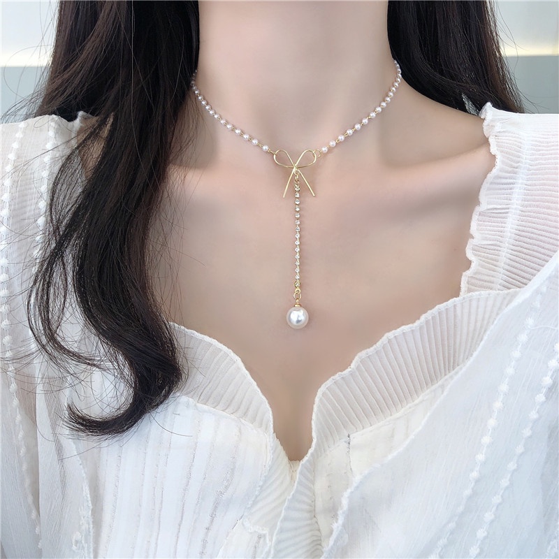 Dây Chuyền Mặt Nơ Đính Ngọc Trai Kiểu Dáng Mới Thanh Lịch Cho Nữ