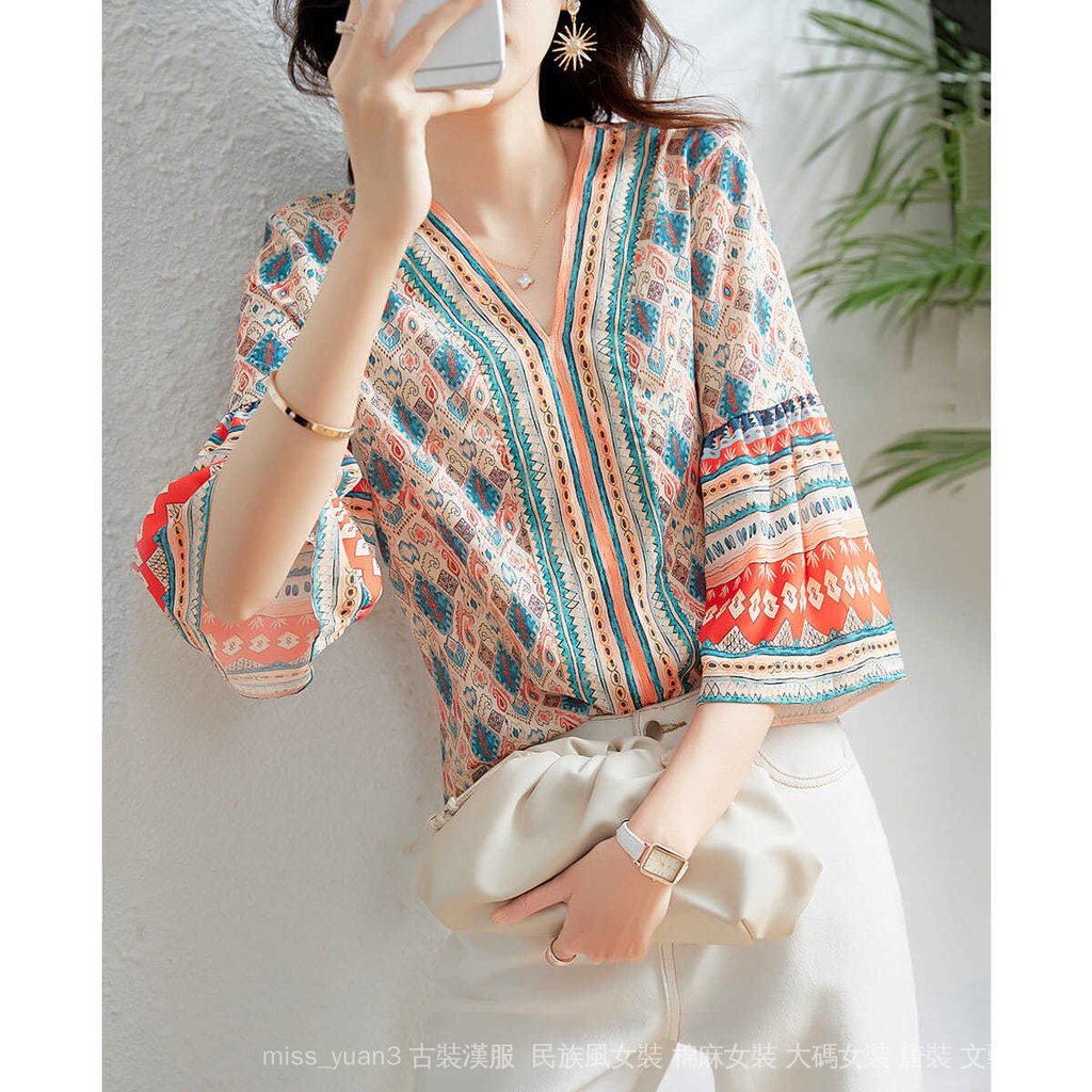 Áo Sơ Mi Chiffon Cổ V Dáng Rộng Tay Lửng Thời Trang Mùa Hè Mới Dành Cho Bạn Nữ 2021